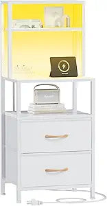 Furnulem Night Stand, Tall White Nightstand with 4-Tier Shelves, 2 PU Fabric Drawers and Led Lights, Bed Side Tables with Charging Station, Bedside Table for Bedroom