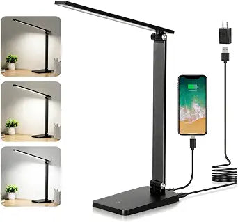 LED Desk Lamp for Home Office, 3 Levels Dimmable Desk Light with USB Charging Port, Small Study Lamp, Reading Light for Table, Black, 5000K