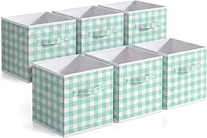 Yalikop 6 Pcs Green Checkered Cube Storage Bins, 11 Inch Fabric Gingham Classroom Storage Bins Organizer with Handle Preppy Collapsible Cubby Basket for Classroom Home Nursery Playroom Bedroom
