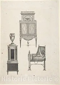 Art Print : Anonymous - Design for Furniture in a Variation on The Style of Thomas Sheraton, a Desk or Bookcase, a Plate-Warmer (?) Pedestal, and a Cradle : Vintage Wall Dcor : 24in x 36in