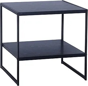 Household Essentials Jamestown Square Side End Table with Storage Shelf Black Oak Wood Grain and Black Metal