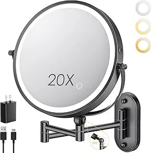 ZLOKLA 9" Wall Mounted Lighted Makeup Mirror,4000mAh Rechargeable Double Sided 1X/20X Magnifying Mirror with Light,Touch Dimmable,Extended Arm 360 Rotation Wall Mounted Makeup Mirror 3 Color Lights-B