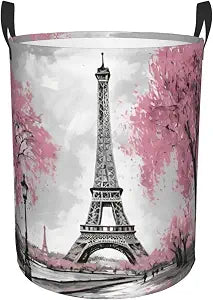 38l Round Laundry Hamper Retro Paris Eiffel Tower Storage Basket Waterproof Coating Organizer Bin For Nursery Clothes Toys