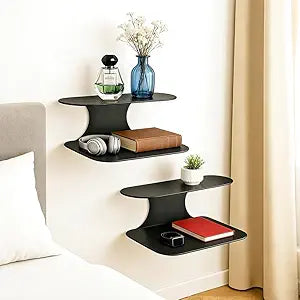 Simple Metal Floating Nightstands Set of 2, Wall Mounted Black Bedside Shelf for Bedroom, Minimalist Modern Bedside Stand, Floating Shelf with 2 Tier Storage for Bedroom (Black, Small)