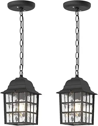 Outdoor Pendant Light 2 Pack, Exterior Ceiling Hanging Lantern Porch Light with Water Glass, 1-Light Outdoor Hanging Lantern Light Black Exterior Pendant Lighting Fixture for Porch