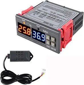 STC-3028 Temperature Controller 12V Temperature and Humidity Controller Meter with Integrated Sensor Dual Digital Display Thermometer Hygrometer Incubator Controller
