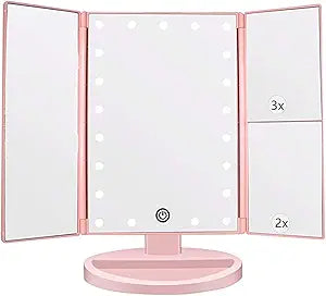 Flymiro Tri-fold Lighted Vanity Makeup Mirror with 3x/2x Magnification,Light up Mirror for Makeup,Touch Screen 21 LEDs,180 Rotation Countertop Cosmetic Mirror,Gifts for Women Mom Teen Girls