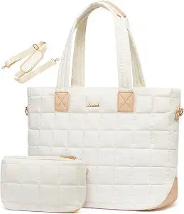 LOVEVOOK Laptop Tote Bag for Women, 15.6 Inch Large Puffer Work Computer Tote Bags for Teacher Nurse, Quilted Women's Purse Tote Shoulder Handbags with Zipper for Travel College Office Gym, Beige