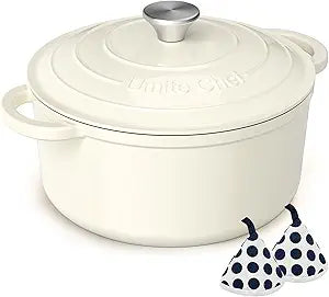 Enameled Cast Iron Dutch Oven - Umite Chef 5QT Pot with Lid & Cotton Potholders - Heavy-Duty Cookware for Bread Baking, Braising, Stews, Roasting(Cream White)