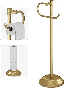 BESy Toilet Paper Holder Free Standing Bathroom Toilet Tissue Holder Stand for Floor Toilet Paper Roll Holder with Storage Hardware Accessories Rack Hand Towel Bar Brushed Gold Stainless Steel