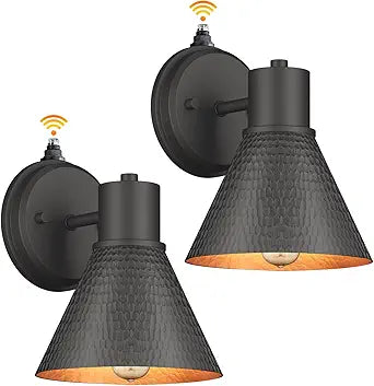 2 Pack Dusk to Dawn Outdoor Wall Sconces, Exterior Farmhouse Barn Light, Vintage Black Outside Wall Lighting Fixture with Hammered Shade, Anti-Rust Waterproof Outdoor Light for House Porch Garage