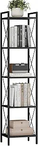 Homhedy 5 Tier Bookshelf, Tall Narrow Bookcase for Small Space, Metal Storage Book Shelf, for Home Office, Living Room, Kitchen, Bedroom, Industrial Style, 10.4" D x 13" W x 55.1" H, Black