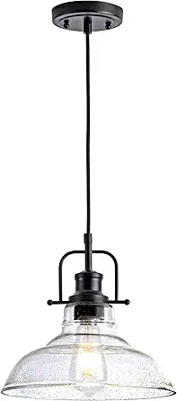 Zlepmlla Glass Pendant LightBlack Pendant Light Fixtures with Seeded Glass Shade, Adjustable Height Hanging Lights for Hallway, Kitchen Island, Dinning RoomBulb not Included
