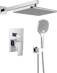 BWE Shower System Chrome Shower Faucet Set Complete with Valve Multi Function Rain Shower Fixtures Rainfall Shower Head and 3-mode Handheld Combo Kit for Bathroom Wall Mounted