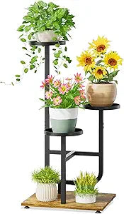 iDavosic.ly 3 Tier Plant Stand Indoor, Corner Tiered Multiple Flower Holder Shelf with Metal Trays, Orchid Display Wooden Rack for Patio Porch Living Room Balcony Outdoor, Modern Black & Rustic Brown