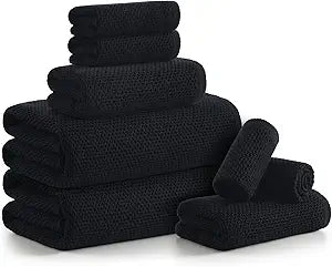 REDKISS 8 Piece Waffle Weave Towel Set - 100% Cotton Lightweight & Quick Dry - Highly Absorbent for Bathroom, Spa, Home, 2 Bath Towels, 2 Hand Towels, 4 Washcloths - Black