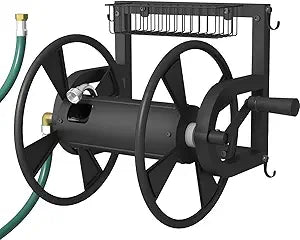 Artigarden Outdoor Wall Mounted Hose Reel with Hook, Garden Heavy-Duty Water Holder Winder with 3.9 ft Leader Hoses, Brass Fitting and Storage Basket for Yard, Holds 125 Ft of 5/8-Inch Hose, Black