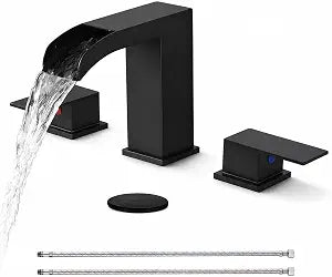 Black Bathroom Faucet 3 Hole, 8 Inch Widespread Waterfall Bathroom Sink Faucet, Matte Black Vanity Faucet with Pop-Up Drain for Bathroom Sink Vanity Rv