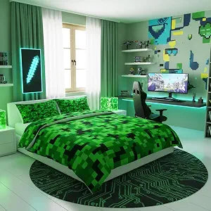 Green Pixelated Miners Duvet Cover Set Full Size,Video Games Bedding Set for Kids Boys Girls Teens Room Decor,Cartoon Gamepad Comforter Cover Modern Geometric Check Quilt Cover,2 Pillowcases
