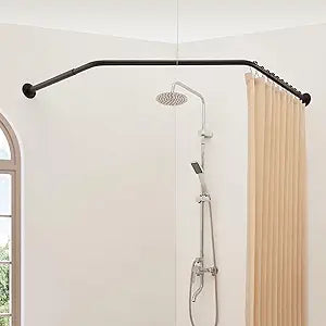Corner Shower Curtain Rod, Diamond Shaped [Both Sides: 22"-34.8", Middle: 28"/43.7"/12.2"] Heavy Duty NEO Angle Shower Pole for Bathroom Bathtub with 12 Hooks & Ceiling Support - Matte Black