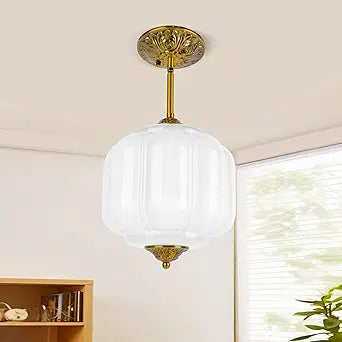 9in White Milk Glass Ceiling Light, LED Bulb Included, Vintage Schoolhouse Semi Flush Mount Pendant Light Art Deco Chandelier for Kitchen Dining Room Hallway Bedroom, Antique Gold & White