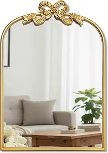 Vercraft Gold Bow Mirror 27"x19" Vintage Arched Vanity Wall Decorative Mirror with Metal Frame Antique Baroque Bow Decor for Home Dressing Table Entryway Bathroom Hallway Living Room