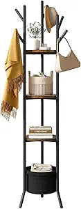 YMYNY Coat Rack, Freestanding Coat Stand with Storage Shelves, Hall Trees with 3 Wooden Shelves and 1 Fabric Basket, Metal Clothes Stand for Hats Bags Hallway Bedroom Rustic Brown UHGR005H