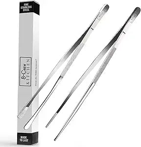 8-CREW KITCHEN Cooking Tweezers - 12 inch 304 Stainless Steel Set of 2 - Culinary Chef Tweezers for Multi-Purpose, Plating, Food Decorating & Bar