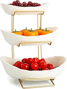 YYW 3 Tier Fruit Bowl for Kitchen Counter, White Gold Ceramic Fruit Stand for Countertop, Home Fruit Rack with Holder, Vegetable Bowl Snacks Nuts Bread Candy Storage (White)