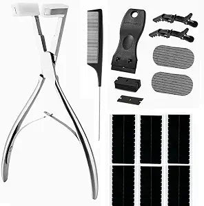 Tape in Hair Extension Tools Kit, Professional Flat Surface Stainless Steel Tape in Hair Extensions Sealing Clamp Plier,Tape Remover Scraper Tool,Hair Clips, Hair Extensions Styling Tools(Silvery Set)