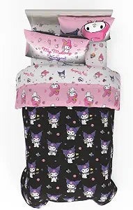 Sanrio Kuromi & My Melody Bedding 5 Piece Super Soft Cozy Reversible Comforter and Sheet Set with Sham, Twin, (Officially Licensed Product) By Franco