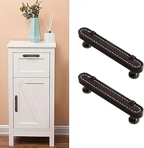 6 Pack Leather Cabinet Handle Pulls 3-3/4' Hand-Stitch Dark Brown Leather Drawer Pulls for Cabinets, Cupboards, Dressers, Drawers, Bedroom