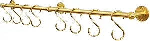 31.0 Inch Brass Pot Rack with Hooks,Wall Kitchen Mounted Organizer,Segmented RailHanging Rack for Kitchen Wall Rail with Hooks