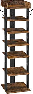 HOOBRO Vertical Shoe Rack for Front Door Entryway, 7 Tier Wooden Shoe Storage Organizer with Hooks, Narrow Shoe Tower for 7 Pairs, Space Saving, for Corner, Closet, Bedroom, Rustic Brown BF61XJ01