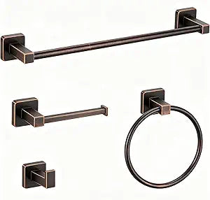 Bathroom Hardware Set 4 Pieces,Stainless Steel Oil Rubbed Bronze Towel Bar Set, Includes 24In Towel Bar, Towel Ring, Robe Towel Hooks,Toilet Paper Holder, Bathroom Towel Rack Set
