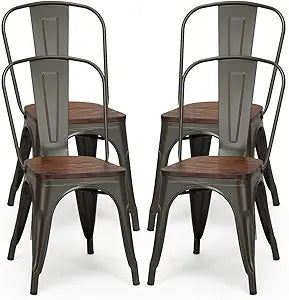 LDAILY LUARANE 18 Inch Dining Chair Set of 4, Vintage Industrial Stackable Counter Metal Bar Chairs, w/High Backrest Wood Seat Surface, for Home Kitchen Cafe Bar Use