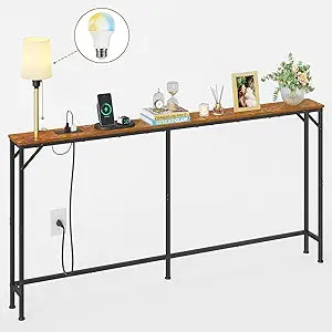 keomaisyto 63 Inch Narrow Console Table with 3-Color Adjustable Light and Charging Station, Sofa Table Behind Couch with 2 AC Outlets USB & Type-C Port, Extra Long Entryway Table, Rustic Brown