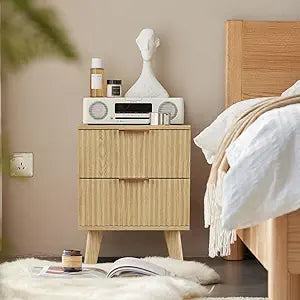Mid Century Modern Nightstand with 2 Drawers - Bedside Table with Storage Drawer (Natural)