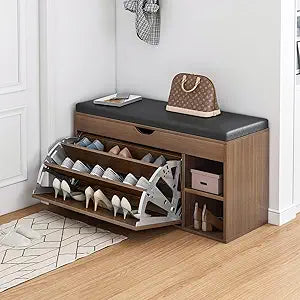 HOMEMORE Shoe Bench with Storage Solid Rubberwood Entryway Bench Shoe Storage Bench with Cushion Shoe Rack with Bench for Hallway Living Room