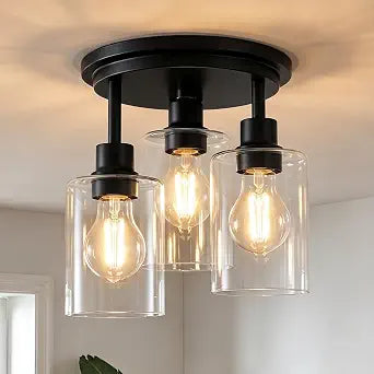 ROTTOGOON Semi Flush Mount Ceiling Light, Close to Ceiling Lights Fixtures, 3 Light Kitchen Ceiling Lights Fixtures with Glass Shades, Hallway Light Fixtures Ceiling Mount for Foyer, 9.9" x 13", Black