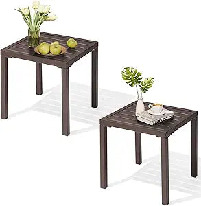 Crestlive Products Outdoor Side Table Set of 2, Small Square Metal End Table Weather Resistant Pool Side Tables for Patio Balcony(Brown)