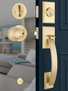 EHOMEWARE Front Door Lock Set, Front Door Handle with Single Deadbolt, Exterior Door Handle Gold, Entry Door Handle with Reversible Door Knob, Universal for Left/Right Sided Doors, Satin Brass Finish