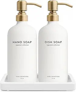 Vine Creations Glass Soap Dispenser Set, Kitchen Soap Dispenser Set with Ceramic Tray, 16 oz Dish Soap and Hand Soap Dispenser Set with Stainless Steel Pump Decor (White Bottle/Brushed Brass)