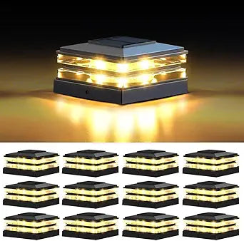 EXCMARK 4x4 Solar Post Cap Lights Outdoor Waterproof 12 Pack Fence Deck Post Lights with High-Brightness LEDs, Dual Light Modes Warm White & Cool White. (Classic Black, 12)