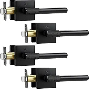 KNOBWELL 4 Pack Door Handle Matte Black Finish, Modern Knurled Design Door Knob, Interior Privacy Lock for Left Right Sided Doors, Bedroom Bathroom Silent Door Handles with Push Button Locking