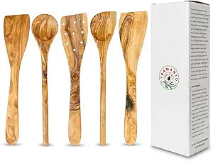 Tramanto Olive Wood Utensil Set - 5 Piece Spatula and Spoon Wooden Cooking Tools, 12 Inch Long, Rustic Hand Made with Gift Box