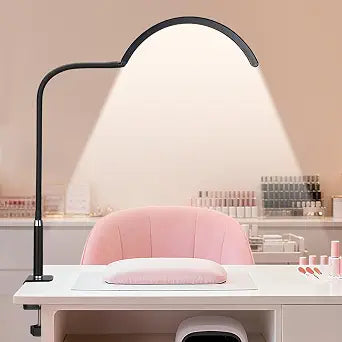 Professional Half Moon LED Desk Light for Nail Techs & Artists  Flexible Gooseneck Lamp with Clamp, 5 Color Modes & 5 Brightness Levels for Manicure, Tattoo, Beauty Work