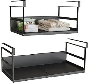 Expandable Under Cabinet Shelf Organizer with 1.25 Inches Thick Clips, Heavy Duty Extendable Under Shelf Storage Basket for Pantry or Laundry Room, Black, 2 Pack, Interior: 5.7" H x 8.54" D