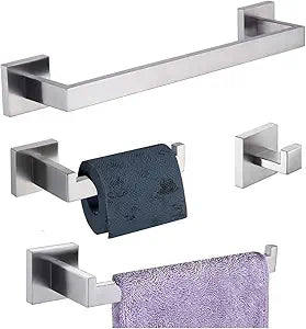 Bathroom Hardware Set 4 Piece Brushed Nickel Bathroom Accessories Set SUS304 Towel Bar Set Includes Towel Bar 16 Inch+Towel Holder+Toilet Paper Holder+Towel Hooks (4, Brushed Nickel, 16 Inch)