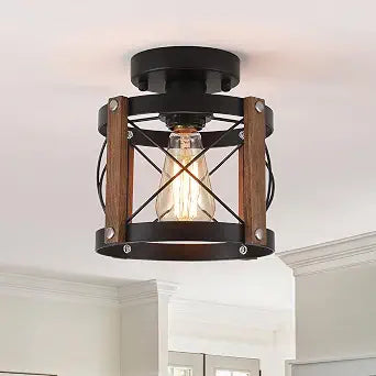 Rustic Farmhouse Wood Flush Mount Ceiling Light Fixture Oak Wood and Metal Round Cage Small Semi Flush Mount Ceiling Light for Kitchen Entry Bedroom Country Hallway Farmhouse, Black